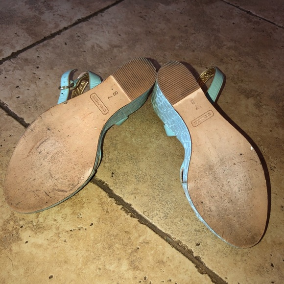 Tiffany Blue and Gold Coach Ankle Wrap Wedge Heels - Picture 5 of 5